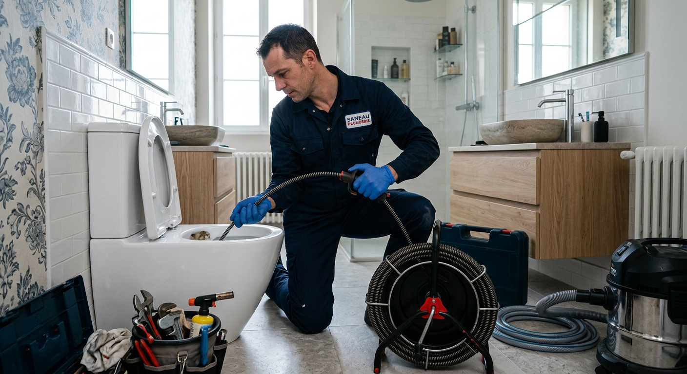 Plombier débouchant des WC avec un furet électrique à Noisy-le-Grand